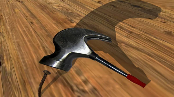 Cartoon hammer and forged nail.Hammer with nail puller on wooden floor. Hand tool.