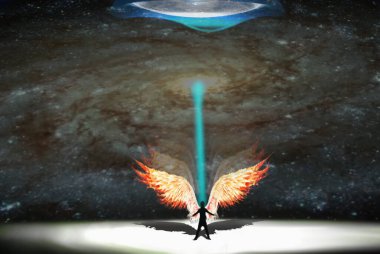 Angel and the Universe. Icarus.The Center of attention is a man with wings, behind whom the Universe is visible. clipart