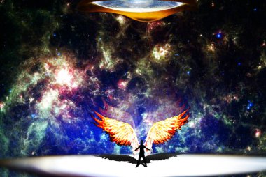 Angel and the Universe.The center of attention is a man with wings, behind whom the Universe is visible. clipart