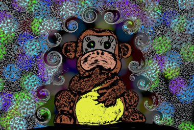 A figurine of a monkey on a beautiful, figured background.Cute little monkey holds his finger in his mouth and strokes his belly. clipart