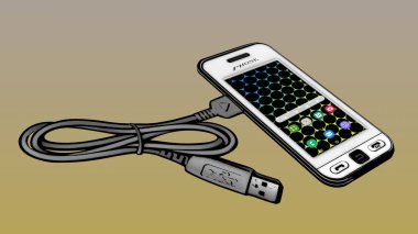 Mobile phone with charging cable.A touchscreen mobile phone with the display turned on and a twisted cord. clipart