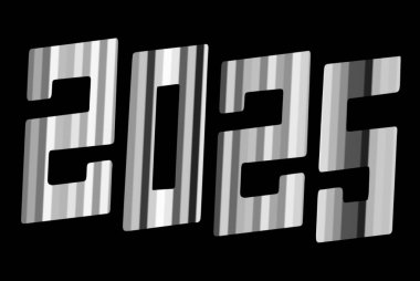 Yeni yıl randevusu. Siyah arkaplanda 2025 numara. 2025 rakamı kare şeklinde ve dikey çizgilerle renklendirilmiş..