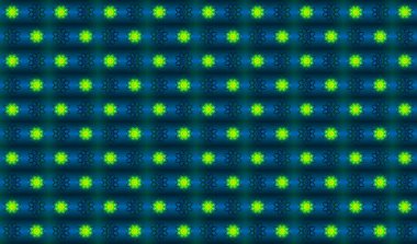 Sekizgen kaleydoskopik mavi ve sarı-yeşil çiçekler. Arka plan görüntüsü. Mavi arka planda sarı-yeşil çiçeklerin düzenlenmesi..