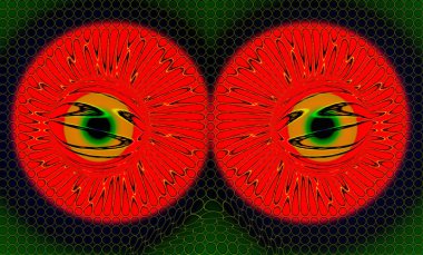 Orange eyes with yellow pupils. Creative image. Bright orange eyes close-up on a green background in artistic execution. Expressionism. clipart