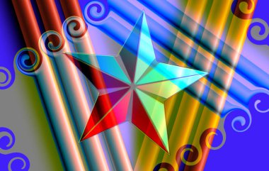 A bright five-pointed star with iridescent shine.A bright creative drawing with stripes and curls, in the center of which is a five-pointed star. clipart