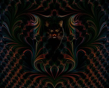 A cat in the center of a beautiful pattern.Portrait of a cat, the contours of which are located in the center of a multi-colored wave pattern. clipart