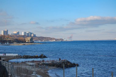 Odessa Bay of the Black Sea.Beautiful coastline of Odessa, on the left is Dolphin beach and weather station, in the center is the port and dolphinarium, on the right is the village of Kotovsky. clipart