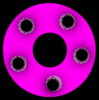 Pembe dairesel simge. Siyah zemin üzerinde beş delikli pembe disk..