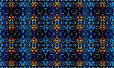 Tekrarlayan şekilli mavi ve sarı elmasların geometrik mozaiği. Sürekli tekrarlanan mavi ve sarı elmas desenli karmaşık geometrik mozaik..