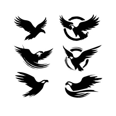 Siyah Siluet, kartal, kuş, şahin, şahin, uçurtma şahini, kartal amblemi gibi simgelerden oluşan katı vektör kümesi. 
