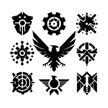 Siyah Siluet, kartal, kuş, şahin, şahin, uçurtma şahini, kartal amblemi gibi simgelerden oluşan katı vektör kümesi. 