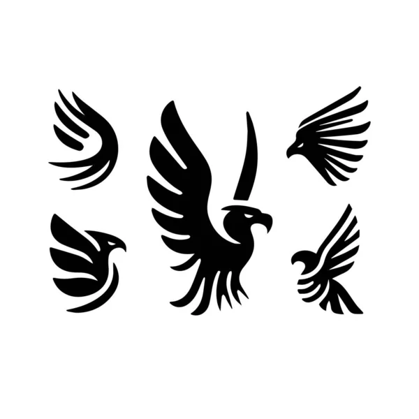 Black Silhouette Solid Vector Set Icons Eagle Bird Falcon Hawk — Stock Vector