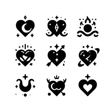 Siyah siluet kalp yassı simgesi. Sağlık, düğün, Sevgililer Günü kartı için beyaza ayrılmış..