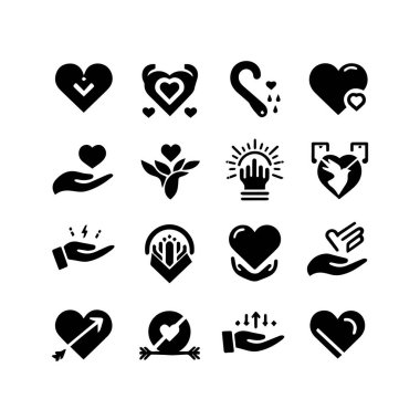 Siyah siluet kalp yassı simgesi. Sağlık, düğün, Sevgililer Günü kartı için beyaza ayrılmış..