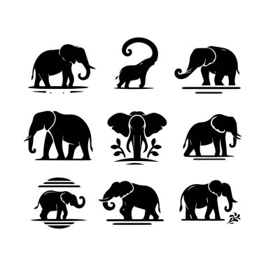 Fil koleksiyonu, çeşitli pozlarda düzenlenebilir vektör siluetleri seti