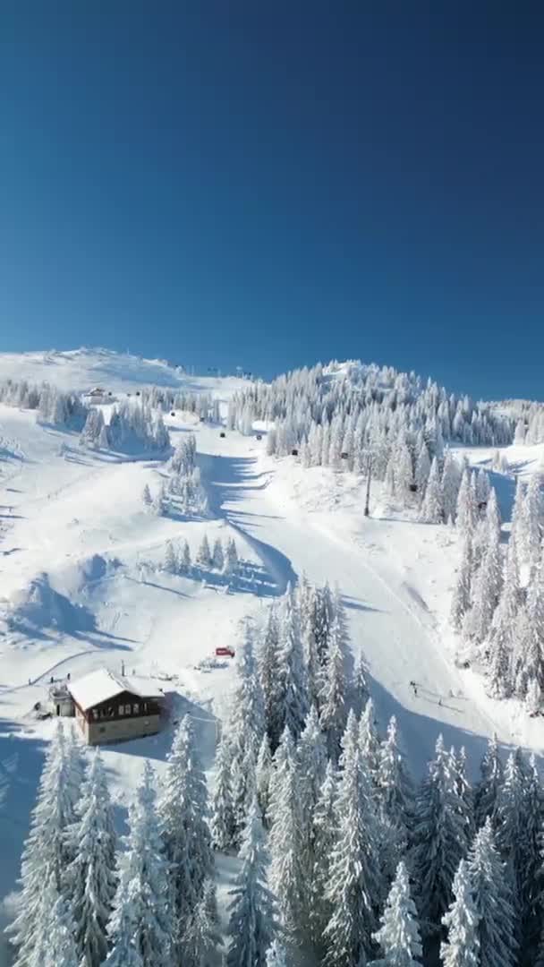 雪の中のスキー場 山の中にあるスキー場 エアリアルビュー — ストック動画