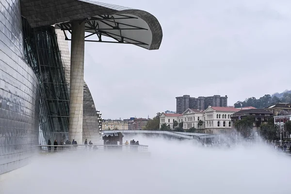 Bilbao, İspanya; 25 Kasım 2023: Guggenheim Müzesi 'nde her gün binlerce kişi tarafından ziyaret edilen sis gösterisi.