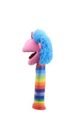 Beyaz arka planda izole edilmiş komik çorap kuklası. El tiyatrosu yumuşak oyuncak koleksiyonu. Metin için boşluk. Üst Manzara. Yüksek çözünürlüklü. Stüdyo çekimi.