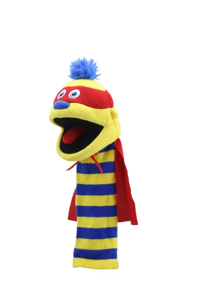 Beyaz arka planda izole edilmiş komik çorap kuklası. El tiyatrosu yumuşak oyuncak koleksiyonu. Metin için boşluk. Üst Manzara. Yüksek çözünürlüklü. Stüdyo çekimi.