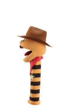 Beyaz arka planda izole edilmiş küçük komik çorap kuklası. El tiyatrosu yumuşak oyuncak koleksiyonu. Metin için boşluk. Üst Manzara. Yüksek çözünürlüklü. Stüdyo çekimi.