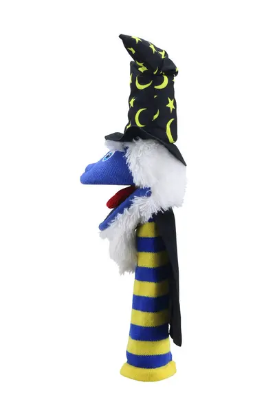 Beyaz arka planda izole edilmiş küçük komik çorap kuklası. El tiyatrosu yumuşak oyuncak koleksiyonu. Metin için boşluk. Üst Manzara. Yüksek çözünürlüklü. Stüdyo çekimi.