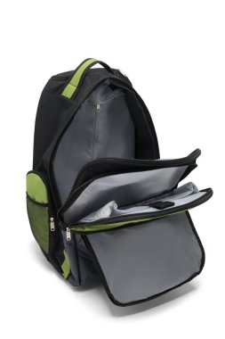 Yuvarlanan yeşil sırt çantası beyaz arka planda izole edilmiş. Fermuarlı ve omuz bantlı seyahat çantası. Sırt çantası mı? Tuval okul çantası. Kolu ve tekerlekleri olan katlanabilir çanta. en üstteki görünüm.