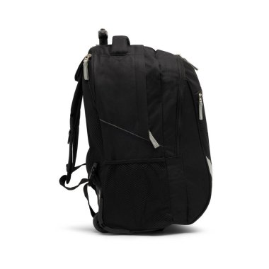 Beyaz arkaplanda siyah bir sırt çantası var. Fermuarlı ve omuz bantlı seyahat çantası. Sırt çantası mı? Tuval okul çantası. Kolu ve tekerlekleri olan katlanabilir çanta. en üstteki görünüm.