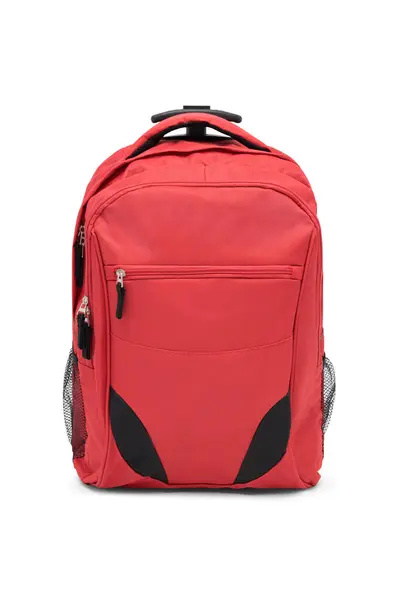 Beyaz arka planda kırmızı yuvarlanan sırt çantası. Fermuarlı ve omuz bantlı seyahat çantası. Sırt çantası mı? Tuval okul çantası. Kolu ve tekerlekleri olan katlanabilir çanta. en üstteki görünüm.