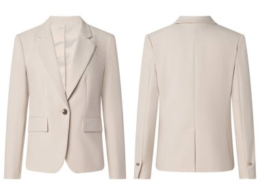 Beyaz arka planda izole edilmiş kadın ceketi portresi (blazer), görünmez hayalet mankeni. Moda endüstrisinin kaliteli stüdyo fotoğrafçılığı. Ön ve arka görünüm.