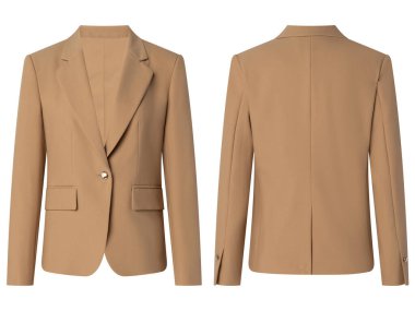 Beyaz arka planda izole edilmiş kadın ceketi portresi (blazer), görünmez hayalet mankeni. Moda endüstrisinin kaliteli stüdyo fotoğrafçılığı. Ön ve arka görünüm.