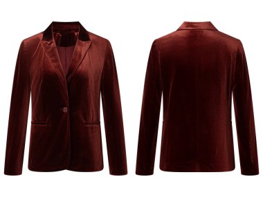 Beyaz arka planda izole edilmiş kadın ceketi portresi (blazer), görünmez hayalet mankeni. Moda endüstrisinin kaliteli stüdyo fotoğrafçılığı. Ön ve arka görünüm.