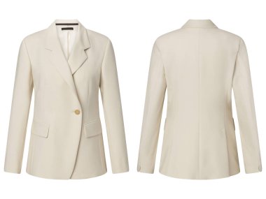 Beyaz arka planda izole edilmiş kadın ceketi portresi (blazer), görünmez hayalet mankeni. Moda endüstrisinin kaliteli stüdyo fotoğrafçılığı. Ön ve arka görünüm.