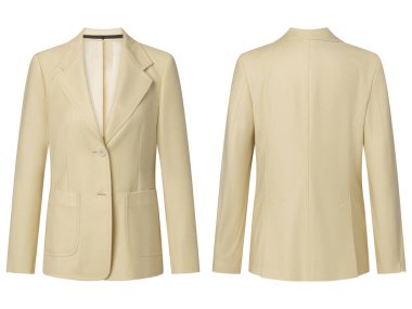 Beyaz arka planda izole edilmiş kadın ceketi portresi (blazer), görünmez hayalet mankeni. Moda endüstrisinin kaliteli stüdyo fotoğrafçılığı. Ön ve arka görünüm.