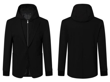 Beyaz arka planda izole edilmiş erkek takım elbise (blazer ceket) portresi, görünmez hayalet mankeni. Moda endüstrisinin kaliteli stüdyo fotoğrafçılığı. Ön ve arka görünüm.
