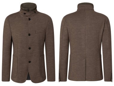 Beyaz arka planda izole edilmiş erkek takım elbise (blazer ceket) portresi, görünmez hayalet mankeni. Ön ve arka görüş. Moda endüstrisinin yüksek kaliteli stüdyo fotoğrafçılığı. Lütfen portföyümdeki benzer resimlere bakın..