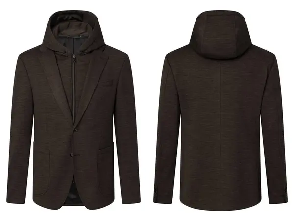 Beyaz arka planda izole edilmiş erkek takım elbise (blazer ceket) portresi, görünmez hayalet mankeni. Ön ve arka görüş. Moda endüstrisinin yüksek kaliteli stüdyo fotoğrafçılığı. Lütfen portföyümdeki benzer resimlere bakın..