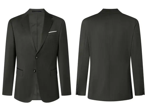 Beyaz arka planda izole edilmiş erkek takım elbise (blazer ceket) portresi, görünmez hayalet mankeni. Ön ve arka görüş. Moda endüstrisinin yüksek kaliteli stüdyo fotoğrafçılığı. Lütfen portföyümdeki benzer resimlere bakın..