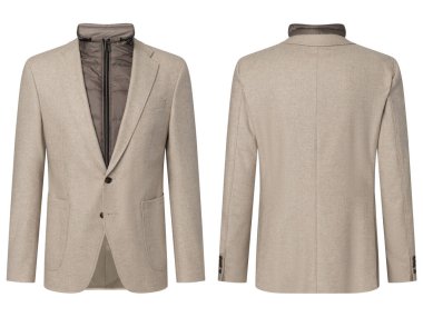 Beyaz arka planda izole edilmiş erkek takım elbise (blazer ceket) portresi, görünmez hayalet mankeni. Moda endüstrisinin kaliteli stüdyo fotoğrafçılığı. Ön ve arka manzara. Lütfen portföyümdeki benzer resimlere bakın..