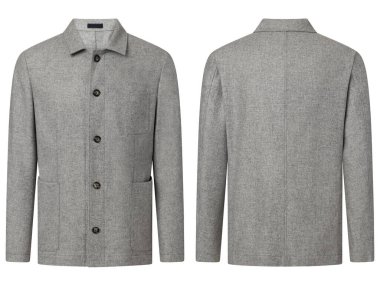 Beyaz arka planda izole edilmiş erkek takım elbise (blazer ceket) portresi, görünmez hayalet mankeni. Moda endüstrisinin kaliteli stüdyo fotoğrafçılığı. Ön ve arka manzara. Lütfen portföyümdeki benzer resimlere bakın..