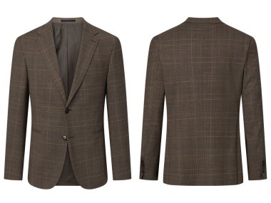 Beyaz arka planda izole edilmiş erkek takım elbise (blazer ceket) portresi, görünmez hayalet mankeni. Moda endüstrisinin kaliteli stüdyo fotoğrafçılığı. Ön ve arka manzara. Lütfen portföyümdeki benzer resimlere bakın..
