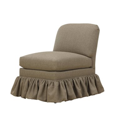 Döşeme aksanıyla döşenmiş bir sandalyede nötr taupe kumaş ve etekli bir taban vardır. Kolsuz tasarım ve minimalist stil, bir stüdyoda çekilen herhangi bir canlı alan çekimine, beyaz bir arkaplana karşı sofistike bir dokunuş getirir. Temiz ve zarif çizgilerini vurgular.