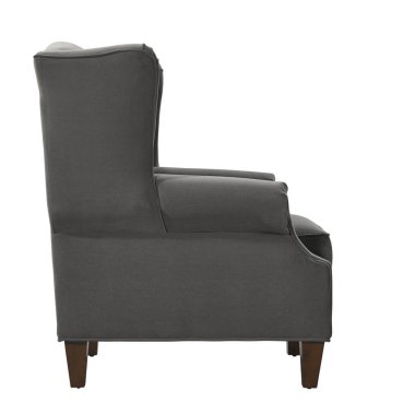 Beyaz arka planda izole edilmiş ahşap bacaklı zarif gri kanat koltuğu olan profesyonel koltuk görüntüsü.