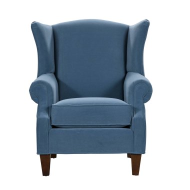 Şık bir mavi kanat koltuğu beyaz arka planda sunuluyor zarif mobilyalar rahat döşemeler ve klasik bir tasarım sergiliyor, oturma odasının içini geliştirmek için mükemmel ya da çalışma için izole edilmiş, ahşap bacaklar ve bir invi ile