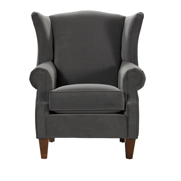 sofistike bir kömür gri kanat koltuğu beyaz arka plan karşısında sunulur sandalye klasik bir dizayn, yumuşak döşeme ve ahşap bacaklar ev dekorunu, iç tasarımı veya mobilya kavramlarını göstermek için idealdir.