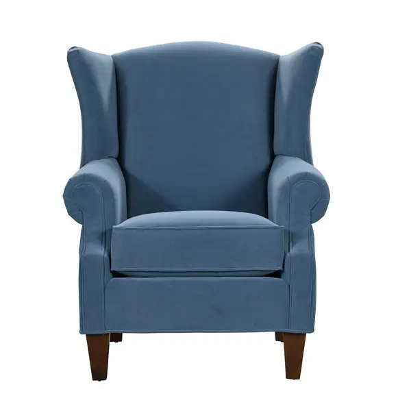 Şık bir mavi kanat koltuğu beyaz arka planda sunuluyor zarif mobilyalar rahat döşemeler ve klasik bir tasarım sergiliyor, oturma odasının içini geliştirmek için mükemmel ya da çalışma için izole edilmiş, ahşap bacaklar ve bir invi ile