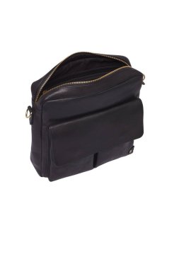 İçinde altın fermuar aksanı ve fonksiyonel cep tasarımı bulunan klasik siyah deri kurye çantası, günlük kullanım ve seyahat amaçlı geniş bir depolama amacıyla ideal.