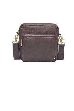 sofistike kahverengi deri kurye çantası ayarlanabilir omuz askısı ve pirinç donanım. Hem kadınlar hem de erkekler için uygun şık ve pratik bir aksesuar.