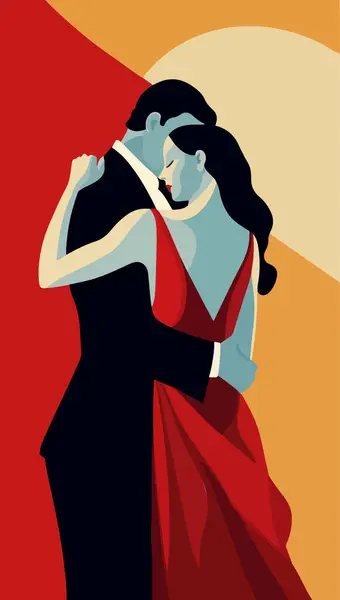 这幅插图描绘了一对年轻夫妇抱在怀里 伴随着爱情的节拍跳舞 抽象的风格和几何形状创造了一个动态的形象 像恋人的舞步一样交织在一起 — 图库矢量图片