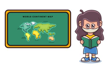 Bir öğretmenin dünya haritasını şirin bir karikatür tarzıyla açıklarken görüntüsü