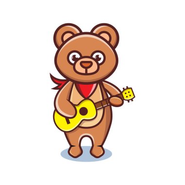Tatlı bir çizgi film tarzında gitar çalan bir ayı.